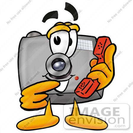 #23145 Clip Art Graphic of a Flash Camera Cartoon Character Holding a Telephone by toons4biz