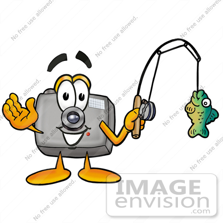 #23148 Clip Art Graphic of a Flash Camera Cartoon Character Holding a Fish on a Fishing Pole by toons4biz