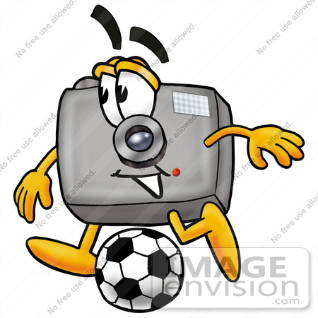 #23150 Clip Art Graphic of a Flash Camera Cartoon Character Kicking a Soccer Ball by toons4biz