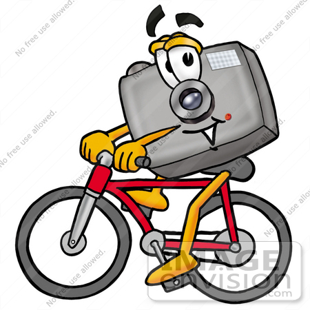 #23152 Clip Art Graphic of a Flash Camera Cartoon Character Riding a Bicycle by toons4biz