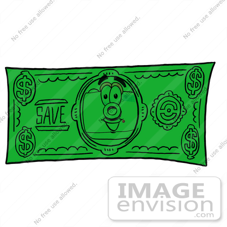 #23153 Clip Art Graphic of a Flash Camera Cartoon Character on a Dollar Bill by toons4biz