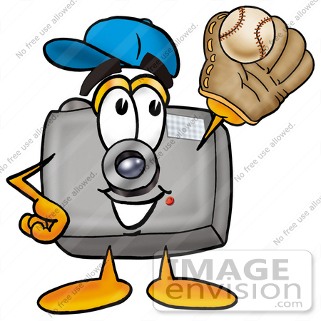 #23157 Clip Art Graphic of a Flash Camera Cartoon Character Catching a Baseball With a Glove by toons4biz
