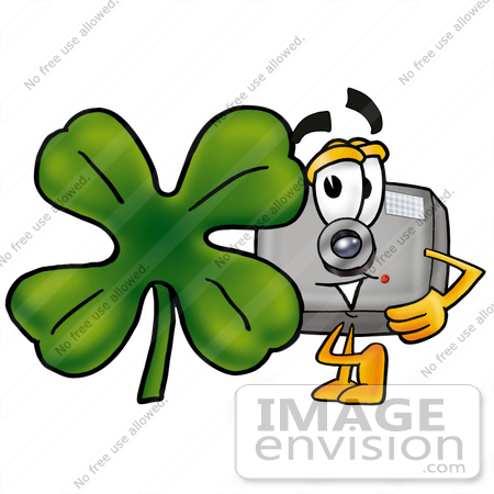 #23158 Clip Art Graphic of a Flash Camera Cartoon Character With a Green Four Leaf Clover on St Paddy’s or St Patricks Day by toons4biz