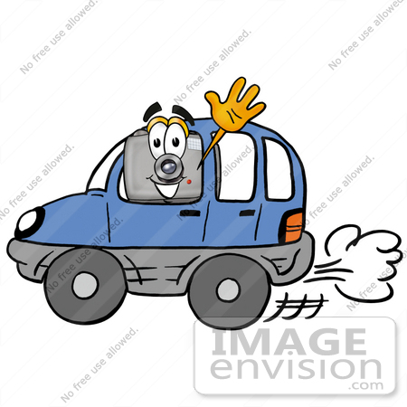 #23159 Clip Art Graphic of a Flash Camera Cartoon Character Driving a Blue Car and Waving by toons4biz