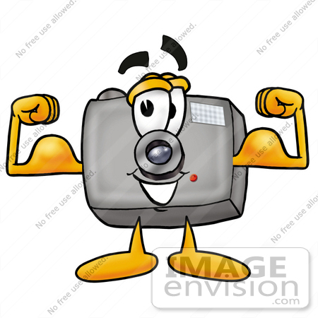#23161 Clip Art Graphic of a Flash Camera Cartoon Character Flexing His Arm Muscles by toons4biz