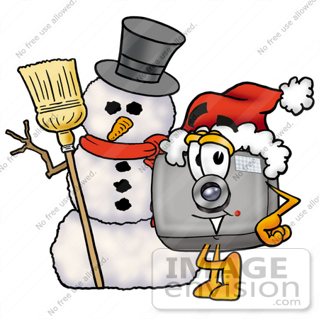 #23162 Clip Art Graphic of a Flash Camera Cartoon Character With a Snowman on Christmas by toons4biz