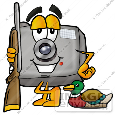 #23163 Clip Art Graphic of a Flash Camera Cartoon Character Duck Hunting, Standing With a Rifle and Duck by toons4biz