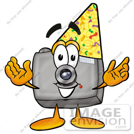#23164 Clip Art Graphic of a Flash Camera Cartoon Character Wearing a Birthday Party Hat by toons4biz