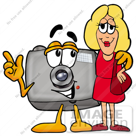 #23169 Clip Art Graphic of a Flash Camera Cartoon Character Talking to a Pretty Blond Woman by toons4biz