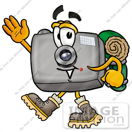 #23173 Clip Art Graphic of a Flash Camera Cartoon Character Hiking and Carrying a Backpack by toons4biz