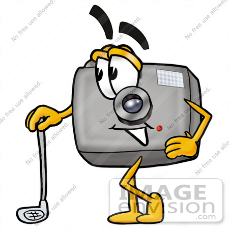 #23175 Clip Art Graphic of a Flash Camera Cartoon Character Leaning on a Golf Club While Golfing by toons4biz