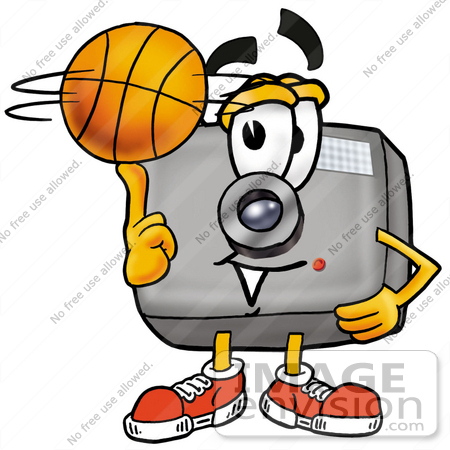 #23178 Clip Art Graphic of a Flash Camera Cartoon Character Spinning a Basketball on His Finger by toons4biz