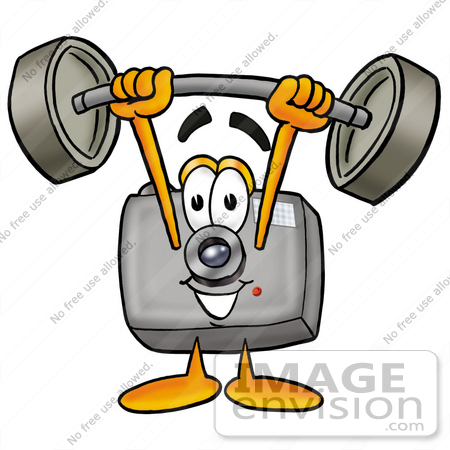 #23180 Clip Art Graphic of a Flash Camera Cartoon Character Holding a Heavy Barbell Above His Head by toons4biz