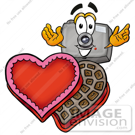 #23182 Clip Art Graphic of a Flash Camera Cartoon Character With an Open Box of Valentines Day Chocolate Candies by toons4biz