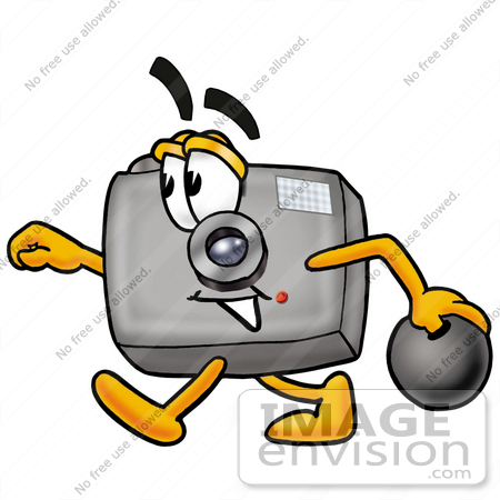 #23183 Clip Art Graphic of a Flash Camera Cartoon Character Holding a Bowling Ball by toons4biz