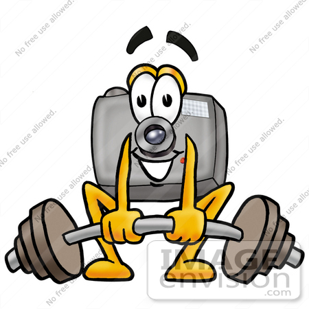 #23184 Clip Art Graphic of a Flash Camera Cartoon Character Lifting a Heavy Barbell by toons4biz