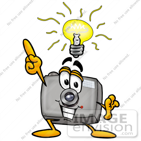 #23185 Clip Art Graphic of a Flash Camera Cartoon Character With a Bright Idea by toons4biz