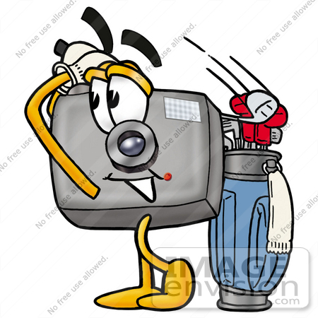 #23193 Clip Art Graphic of a Flash Camera Cartoon Character Swinging His Golf Club While Golfing by toons4biz