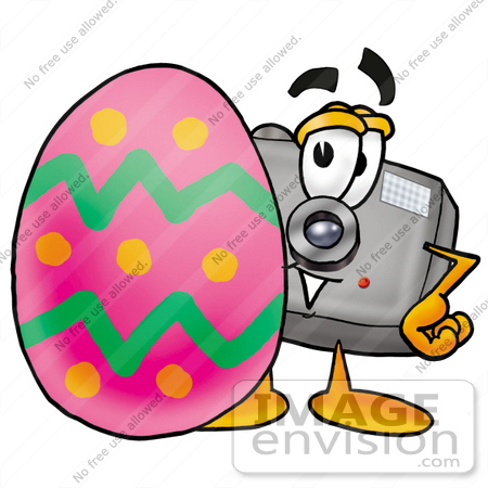 #23196 Clip Art Graphic of a Flash Camera Cartoon Character Standing Beside an Easter Egg by toons4biz