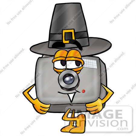 #23197 Clip Art Graphic of a Flash Camera Cartoon Character Wearing a Pilgrim Hat on Thanksgiving by toons4biz