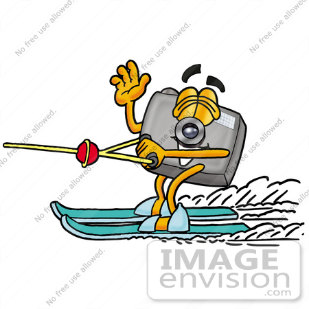 #23201 Clip Art Graphic of a Flash Camera Cartoon Character Waving While Water Skiing by toons4biz