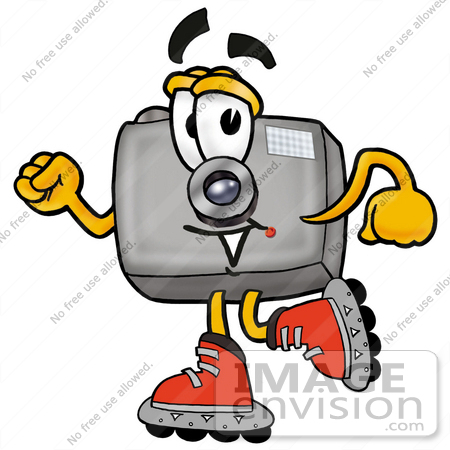 #23203 Clip Art Graphic of a Flash Camera Cartoon Character Roller Blading on Inline Skates by toons4biz