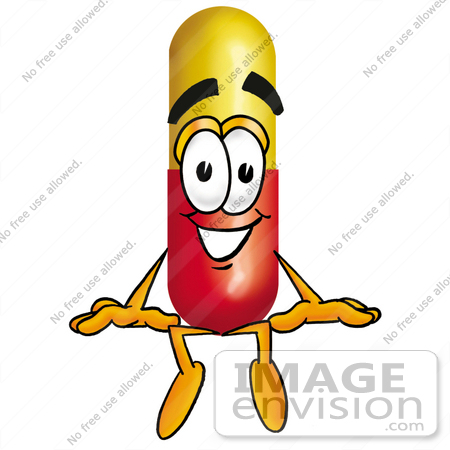 #23204 Clip Art Graphic of a Red and Yellow Pill Capsule Cartoon Character Sitting by toons4biz