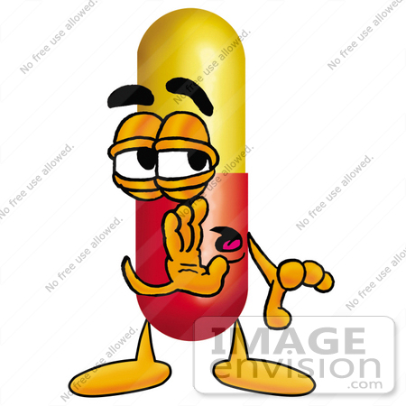 #23206 Clip Art Graphic of a Red and Yellow Pill Capsule Cartoon Character Whispering and Gossiping by toons4biz