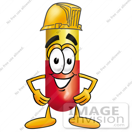 #23207 Clip Art Graphic of a Red and Yellow Pill Capsule Cartoon Character Wearing a Hardhat Helmet by toons4biz