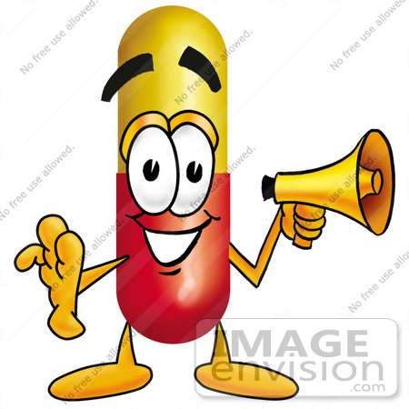 #23209 Clip Art Graphic of a Red and Yellow Pill Capsule Cartoon Character Holding a Megaphone by toons4biz