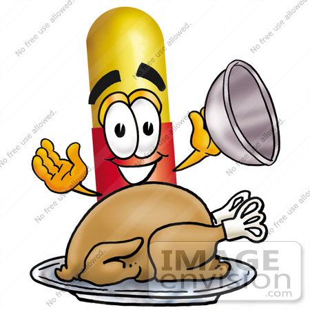 #23210 Clip Art Graphic of a Red and Yellow Pill Capsule Cartoon Character Serving a Thanksgiving Turkey on a Platter by toons4biz