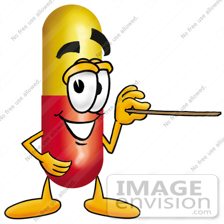 #23211 Clip Art Graphic of a Red and Yellow Pill Capsule Cartoon Character Holding a Pointer Stick by toons4biz