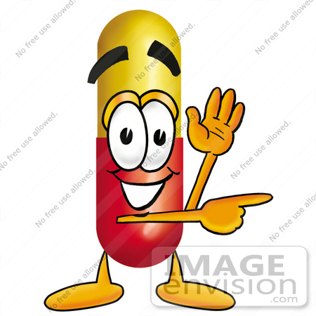 Clip Art Graphic of a Red and Yellow Pill Capsule Cartoon Character Waving  and Pointing | #23212 by toons4biz | Royalty-Free Stock Cliparts
