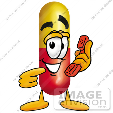 #23213 Clip Art Graphic of a Red and Yellow Pill Capsule Cartoon Character Holding a Telephone by toons4biz