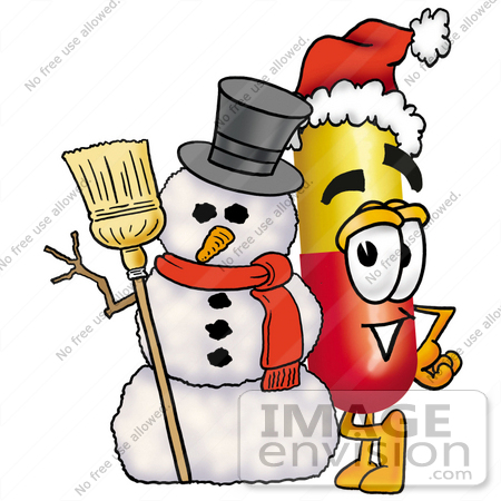 #23214 Clip Art Graphic of a Red and Yellow Pill Capsule Cartoon Character With a Snowman on Christmas by toons4biz