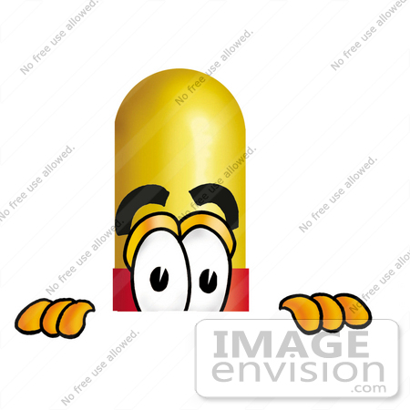 #23216 Clip Art Graphic of a Red and Yellow Pill Capsule Cartoon Character Peeking Over a Surface by toons4biz