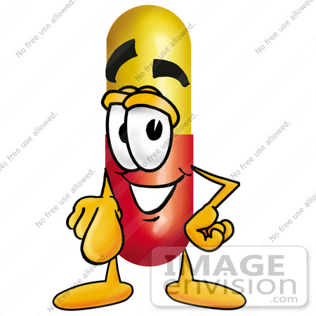 #23218 Clip Art Graphic of a Red and Yellow Pill Capsule Cartoon Character Pointing at the Viewer by toons4biz