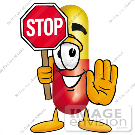 #23219 Clip Art Graphic of a Red and Yellow Pill Capsule Cartoon Character Holding a Stop Sign by toons4biz