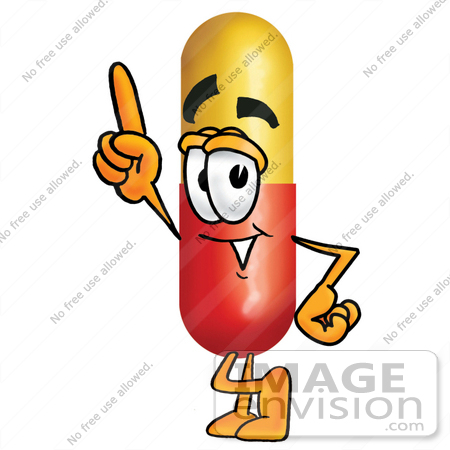 #23220 Clip Art Graphic of a Red and Yellow Pill Capsule Cartoon Character Pointing Upwards by toons4biz