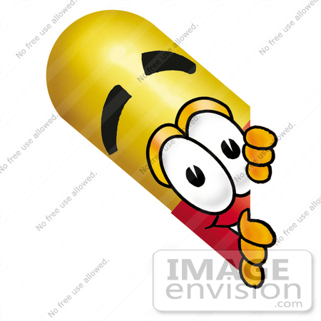 #23221 Clip Art Graphic of a Red and Yellow Pill Capsule Cartoon Character Peeking Around a Corner by toons4biz
