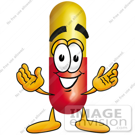 #23222 Clip Art Graphic of a Red and Yellow Pill Capsule Cartoon Character With Welcoming Open Arms by toons4biz