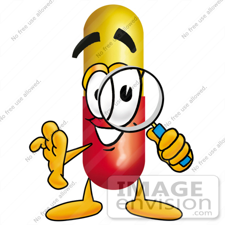 #23223 Clip Art Graphic of a Red and Yellow Pill Capsule Cartoon Character Looking Through a Magnifying Glass by toons4biz