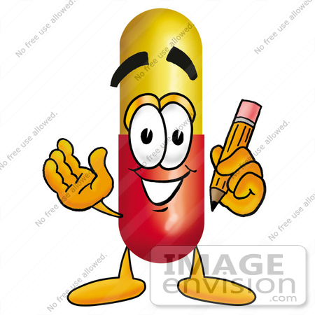 #23224 Clip Art Graphic of a Red and Yellow Pill Capsule Cartoon Character Holding a Pencil by toons4biz