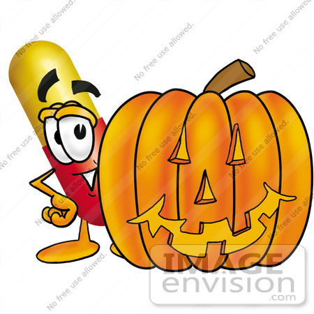 #23225 Clip Art Graphic of a Red and Yellow Pill Capsule Cartoon Character With a Carved Halloween Pumpkin by toons4biz