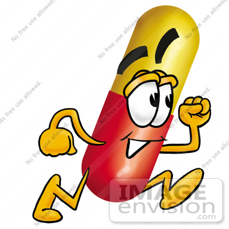 #23227 Clip Art Graphic of a Red and Yellow Pill Capsule Cartoon Character Running by toons4biz