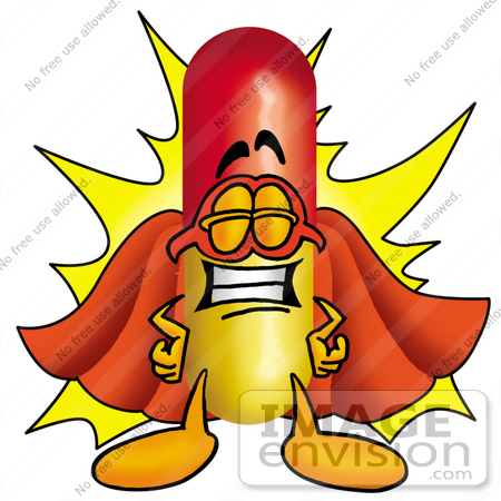 #23228 Clip Art Graphic of a Red and Yellow Pill Capsule Cartoon Character Dressed as a Super Hero by toons4biz