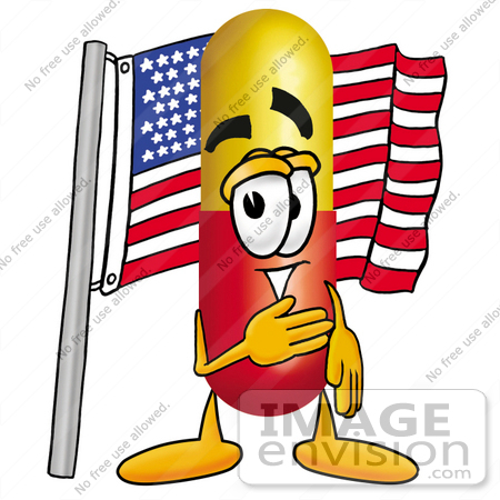 #23229 Clip Art Graphic of a Red and Yellow Pill Capsule Cartoon Character Pledging Allegiance to an American Flag by toons4biz