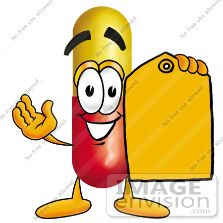 Clip Art Graphic of a Red and Yellow Pill Capsule Cartoon Character Holding  a Yellow Sales Price Tag | #23230 by toons4biz | Royalty-Free Stock Cliparts