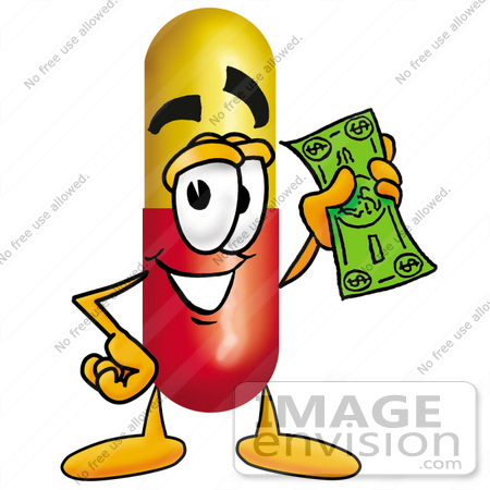 #23231 Clip Art Graphic of a Red and Yellow Pill Capsule Cartoon Character Holding a Dollar Bill by toons4biz