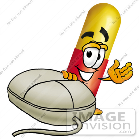 #23233 Clip Art Graphic of a Red and Yellow Pill Capsule Cartoon Character With a Computer Mouse by toons4biz
